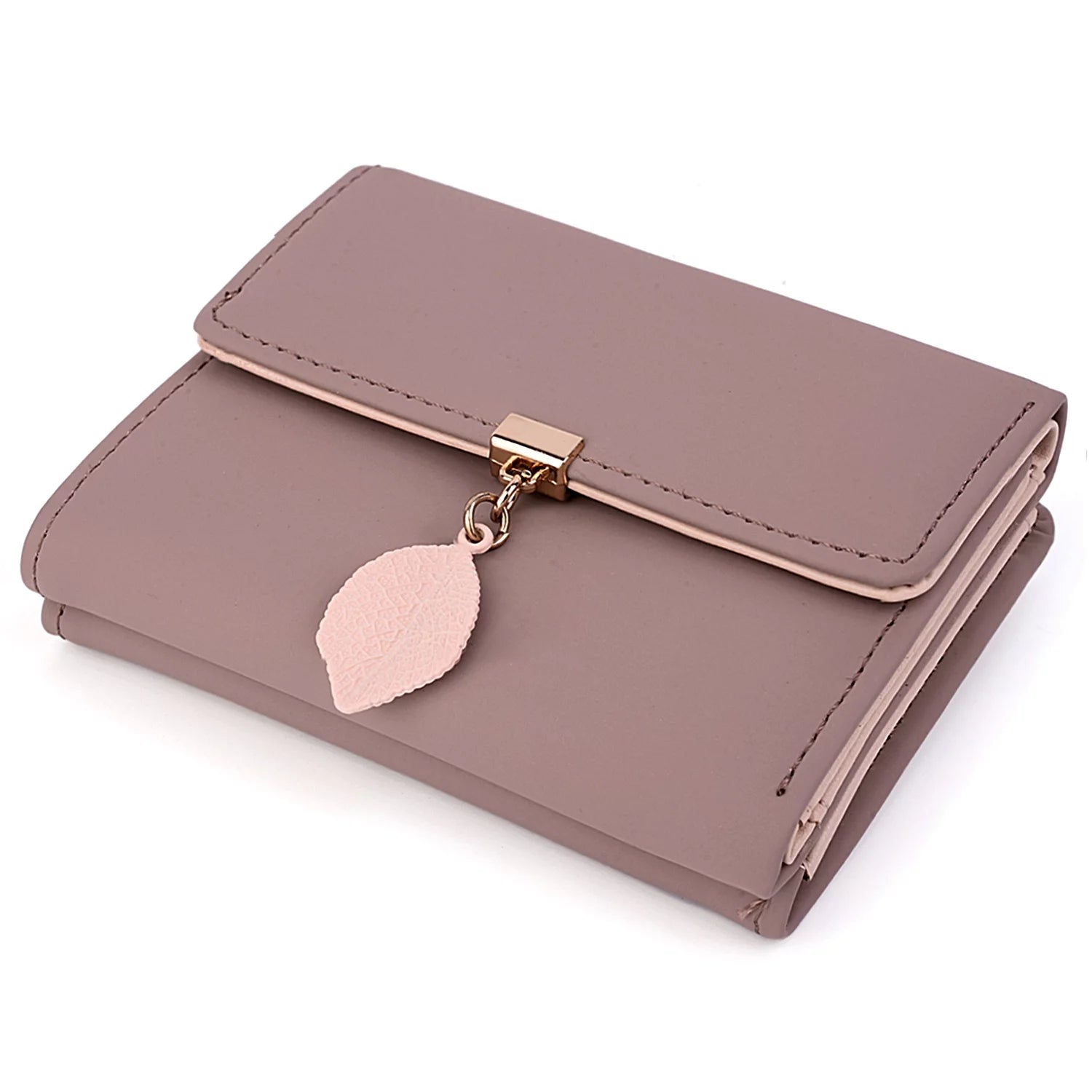 Small Wallet for Women PU Leather RFID Blocking Coin Purse Card Holder Trifold Ladies Purse Leaf Pendant(Pale Purple)