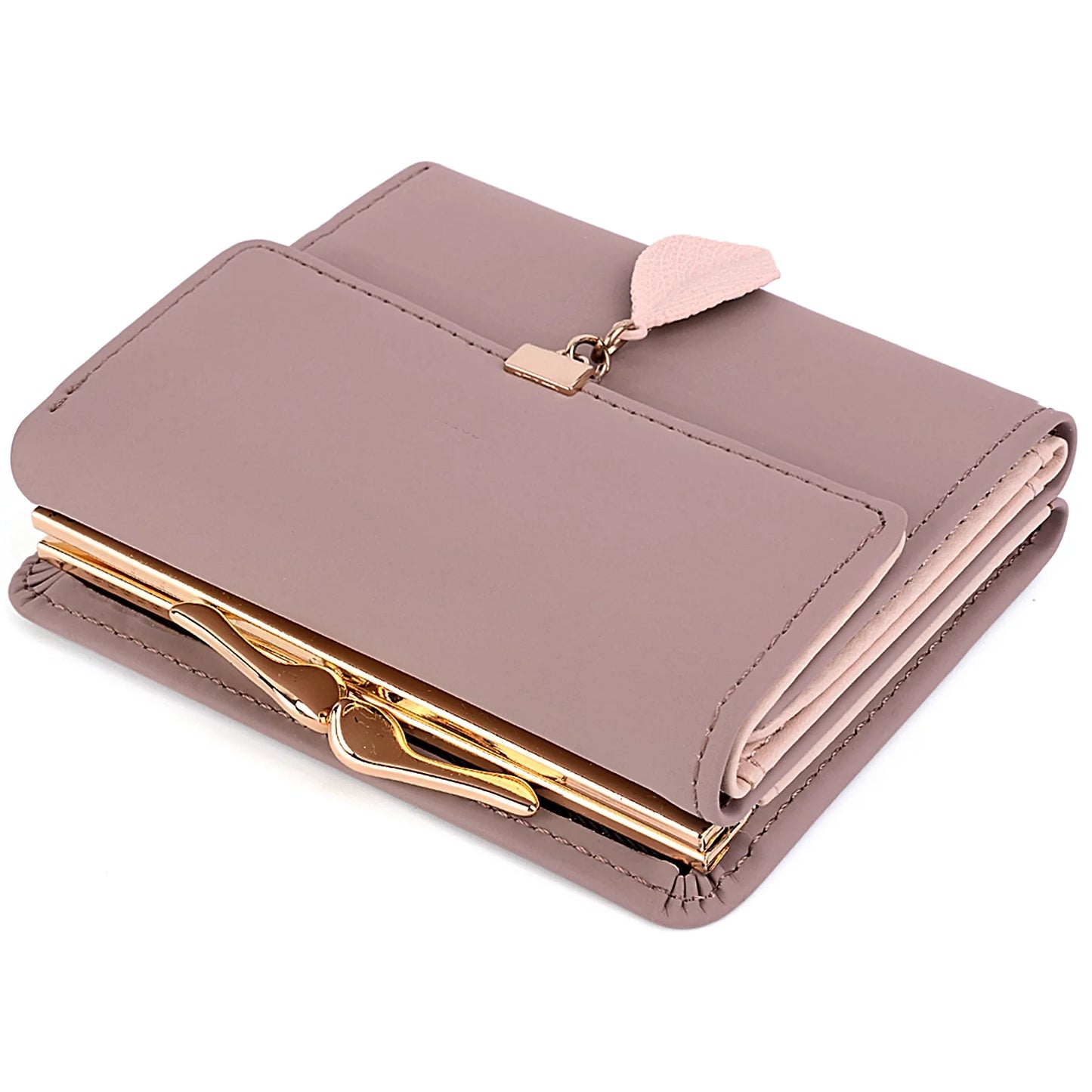 Small Wallet for Women PU Leather RFID Blocking Coin Purse Card Holder Trifold Ladies Purse Leaf Pendant(Pale Purple)