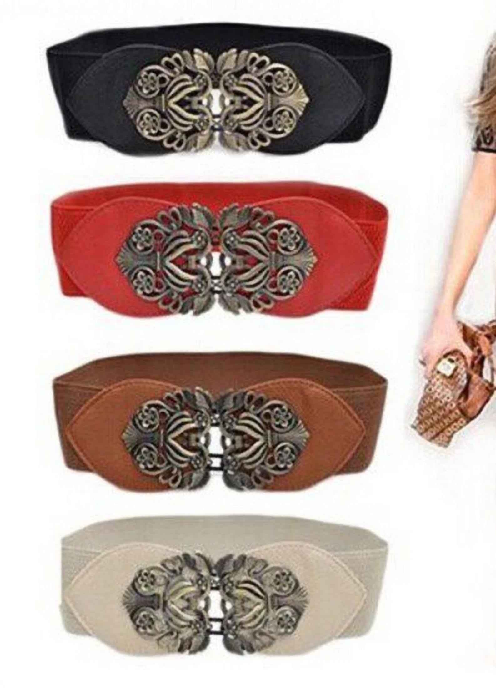 Women Fashion Vintage Wide Elastic Stretch Buckle Waist Belt Waistband Brown